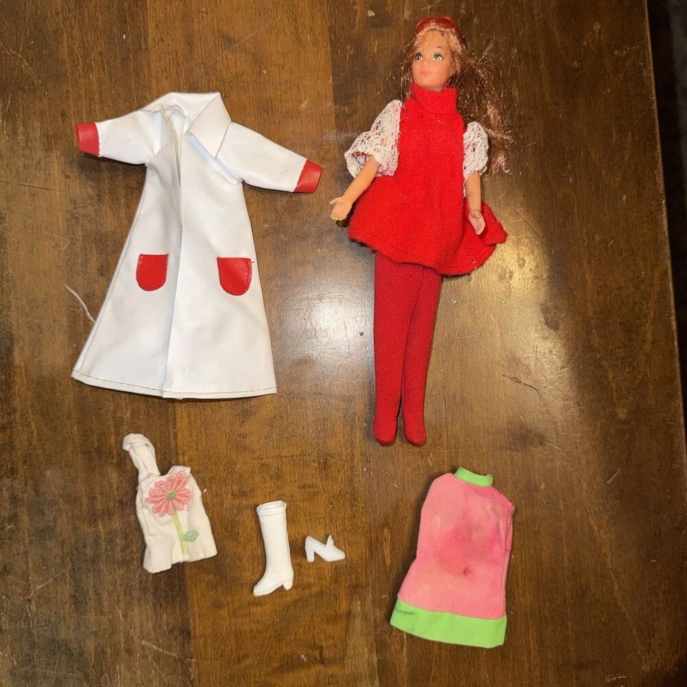 Vintage 1970 Bendy Barbie 6 inch Red Hair Doll Mattel Hong Kong Clothes Shoes